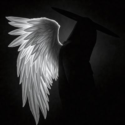 Primary subject: A black and white drawing of an angel with white wings.

Setting/background: The drawing is set against a dark background, creating a dramatic contrast.

Visual style: The image is a digital art or illustration, showcasing the artist's skill in creating a realistic and detailed representation of the angel.

Colors and mood: The drawing is predominantly black and white, giving it a classic and timeless appearance. The contrast between the white wings of the angel